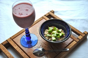 Appetizing photo: a tray with a bowl of yummy edibles and a smoothie