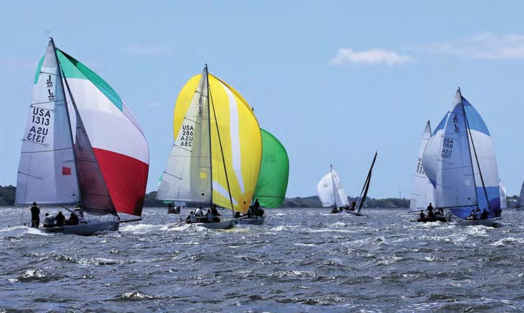 Sperry Charleston Race Week 2017, colorful keelboats in Charleston Harbor