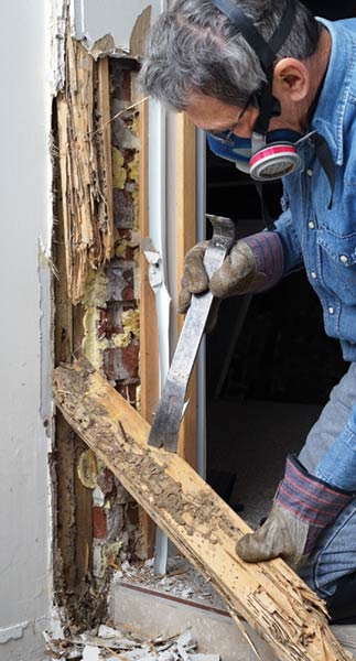A man works on damaged wood on a wall