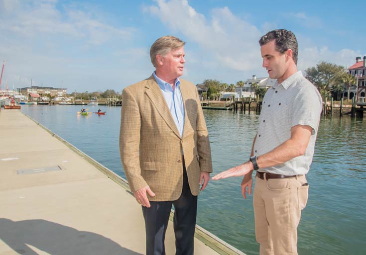 Mount Pleasant Councilman Jim Owens, left, and Andrew Wunderley of Charleston Waterkeeper discuss water quality on Shem Creek.