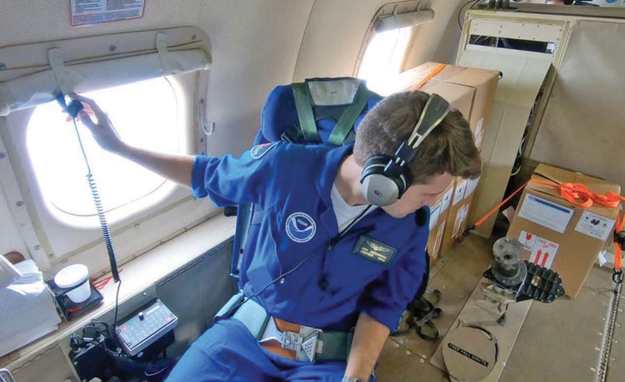 Electronics Engineer Nick Underwood launches a dropsonde, an expendable weather reconnaissance device.