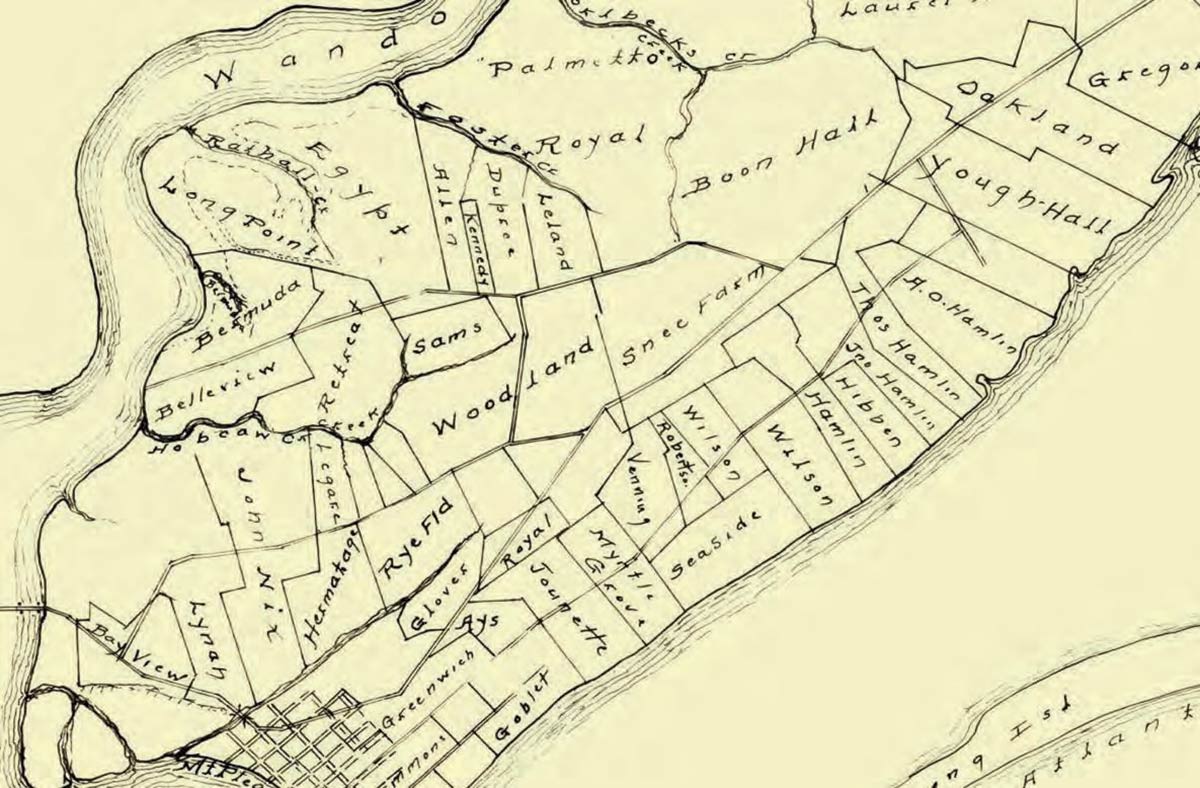 An old hand-drawn map of Mount Pleasant, SC