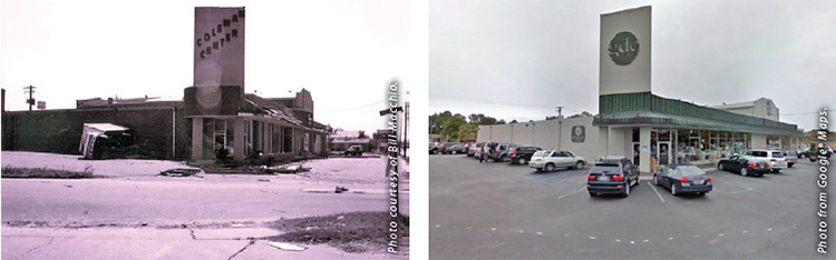 Left: Coleman Center right af ter Hurricane Hugo. Right: Coleman Center, now GDC, today.