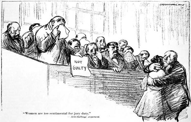 Cartoon, "Women are too sentimental for jury duty. Anti-Suffrage argument. Credit: Library of Congress: loc.pnp/cph.3b49101