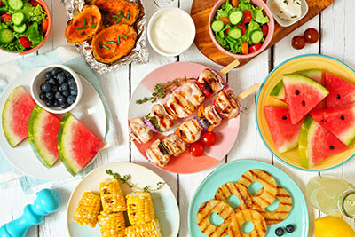 Food on a picnic table.