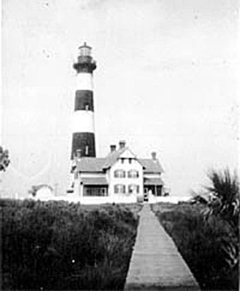 Morris Island lighthouse and lighthouse keeper residence. Photo courtesy of Save the Light, Inc.