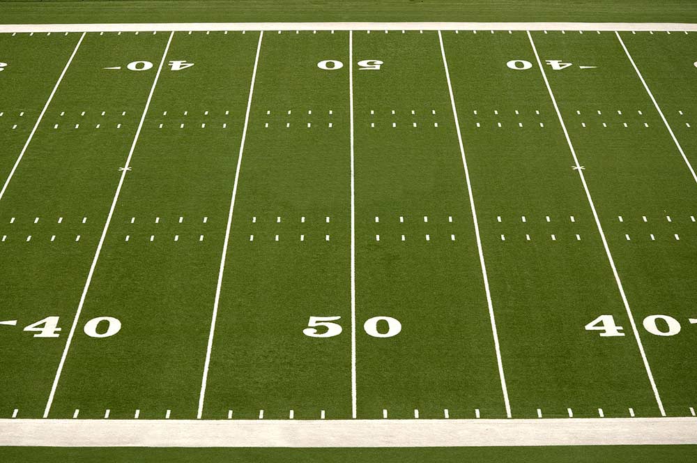 The 50 yard line of a football field