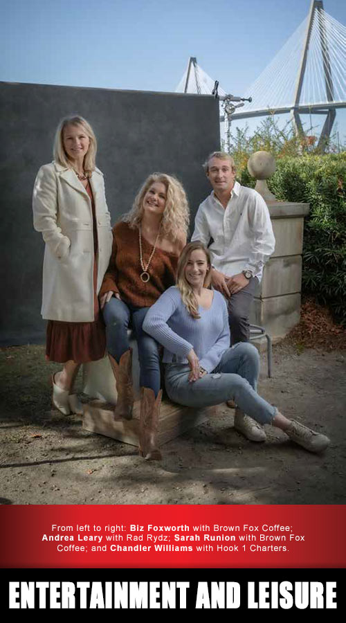 Pictured left to right: Biz Foxworth with Brown Fox Coffee; Andrea Leary with Rad Rydz; Sarah Runion with Brown Fox Coffee; and Chandler Williams with Hook 1 Charters. ENTERTAINMENT and LEISURE. 2022 Best of Mount Pleasant Winners title graphic.