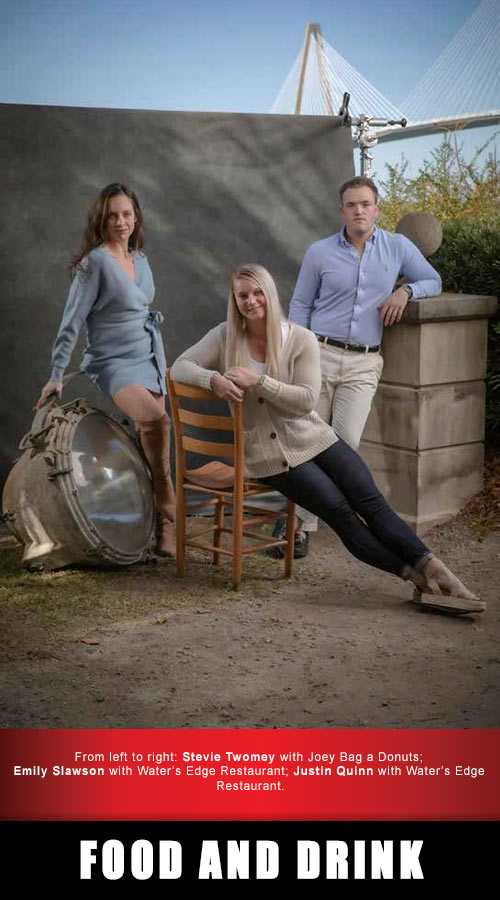 Pictured left to right: Steve Twomey with Joey Bag a Donuts; Emily Swanson with Water's Edge Restaurant; Justin Quinn with Water's Edge Restaurant. FOOD and DRINK. 2022 Best of Mount Pleasant Winners title graphic.