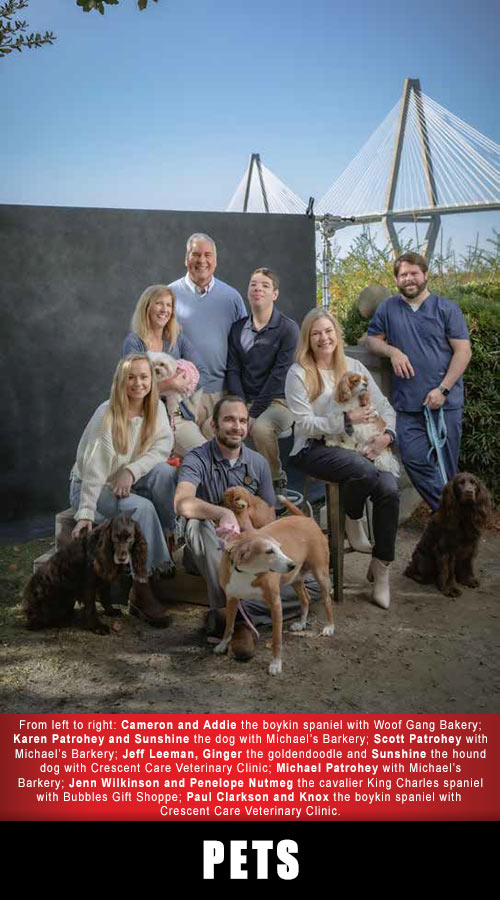 Pictured from left to right: Cameron and Addie the boykin spaniel with Woof Gang Bakery; Karen Patrohey and Sunshine the dog with Michael's Barkery; Scott Patrohey with Michael's Barkery; Jeff Leeman, Ginger the goldendoodle and Sunshine the hound dog with Crescent Care Veterinary Clinic; Michael Patrohey with Michael's Barkery; Jenn Wilkinson and Penelope Nutmeg the cavalier King Charles spaniel with Bubbles Gift Shoppe; Paul Clarkson and Knox the boykin spaniel with Crescent Care Veterinary Clinic. PETS. 2022 Best of Mount Pleasant Winners title graphic.