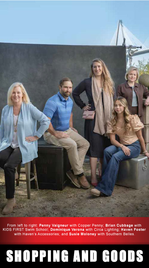 Pictured from left to right: Penny Vaigneur with Copper Penny; Brian Cubbage with KIDS FIRST Swim School; Dominique Verona with Circa Lighting; Haven Foster with Haven's Accessories; and Susie Moloney with Southern Belles. SHOPPING and GOODS. 2022 Best of Mount Pleasant Winners title graphic.