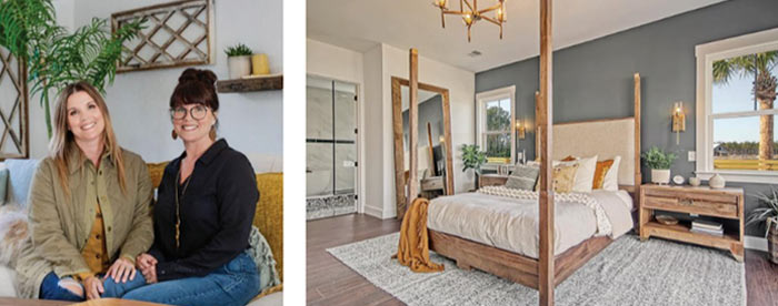 Left panel: Twin sisters Leslie Davis and Lyndsay Lamb. Right Panel: Leslie and Lyndsay’s master bedroom.