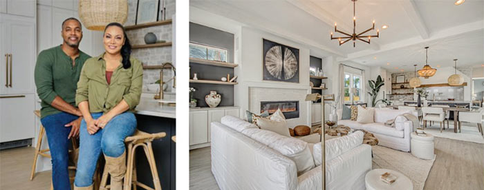Left panel: Mike Jackson and Egypt Sherrod. Right panel: Winning home designed by Egypt and Mike.