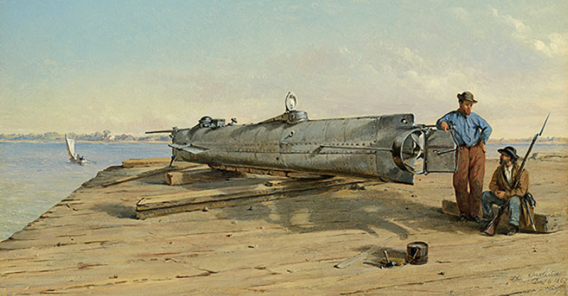 Confederate soldier-artist Conrad Wise Chapman sketched the submarine “Hunley” while stationed in Charleston, South Carolina during the Civil War.
