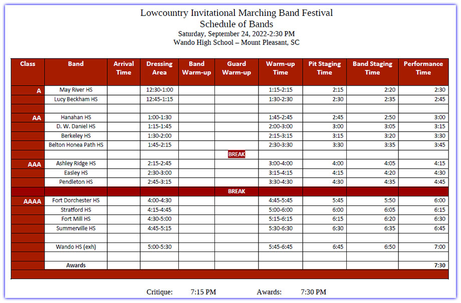 2022 Lowcountry Invitational Marching Band Festival Schedule.