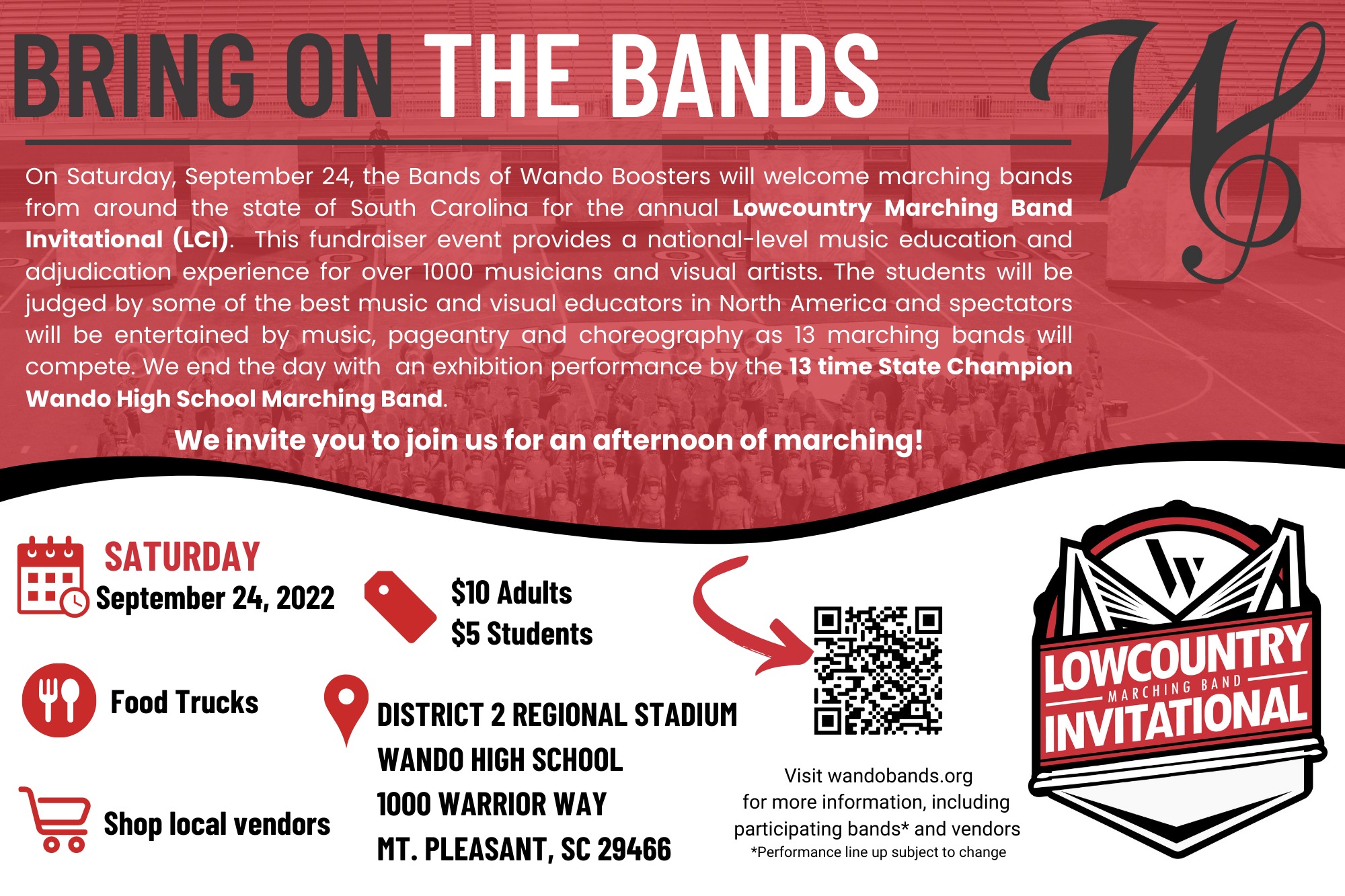 2022 Lowcountry Invitational Marching Band Festival 'Bring on the Bands' info graphic from The Bands of Wando Foundation