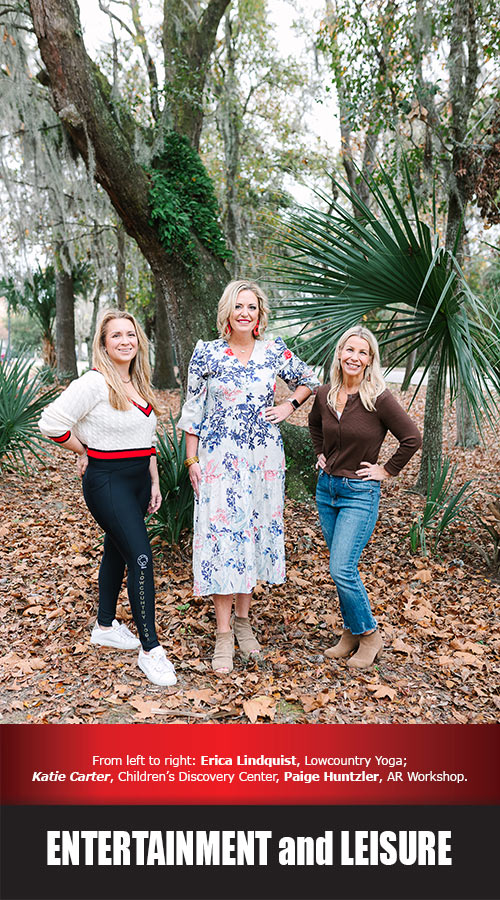 ENTERTAINMENT and LEISURE. 2023 Best of Mount Pleasant Winners title graphic. Pictured: Erica Lindquist, Katie Carter and Paige Huntzler.