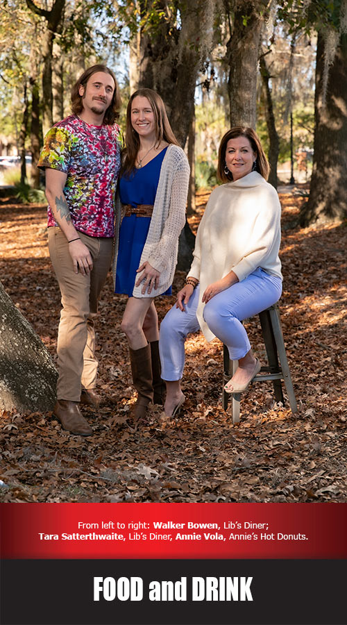 FOOD and DRINK. 2023 Best of Mount Pleasant Winners title graphic. Pictured: Walker Bowen, Tara Satterthwaite, and Annie Vola.