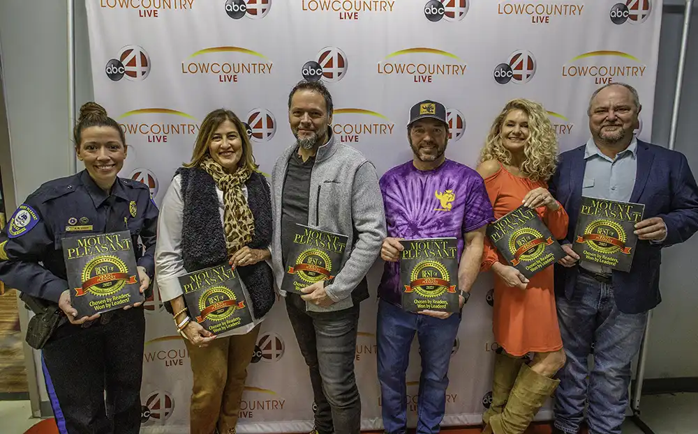Some 2023 Best of Mount Pleasant Winners. From left to right: Sergeant Ashley Croy, Vilmarie Bennett (Haven’s Furniture), Mark Staff (photographer), Jeff Filosa (LoLA), Andrea Leary (Rad Rydz), Chad Shores (Rad Rydz).