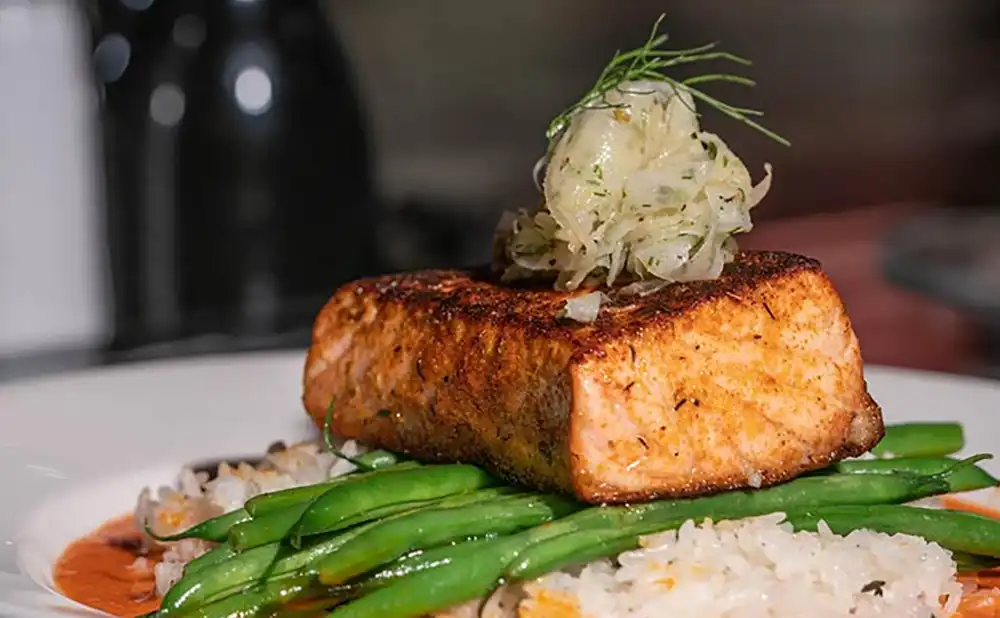 Salmon Romesco. Recipe from Burtons Grill in Mount Pleasant, South Carolina