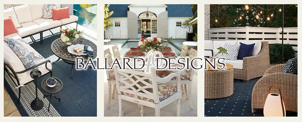 Ballard Designs is opening its first location in South Carolina. 40 Years of Style, Ballard Designs logo, with home décor and furniture photos. 