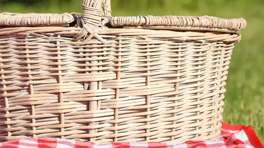 A blanket and picnic basket packed for an afternoon