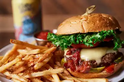 Bacon Cheeseburger and fries from Bohemian Bull.