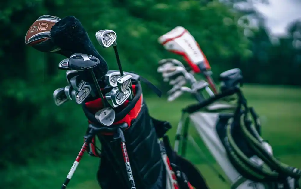 Golf clubs in golf bags on the green waiting to be put into action. Photo by by StockSnap from Pixabay.