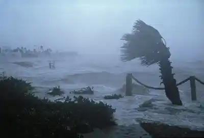 As storm surge waters break onto coastal lands, hurricane force winds blow.