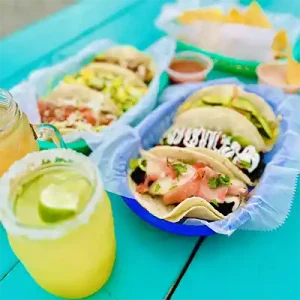 Tacos, chips and drinks from White Duck Taco Shop