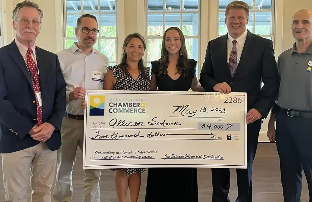 Mount Pleasant Chamber of Commerce's Joe Brinson Scholarship photo with 2023’s scholarship recipient, Allison Scolnick, right of center.
