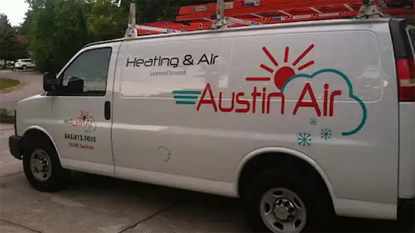 A Heating & Air service van from Austin Air. 2025 Best of Mount Pleasant.