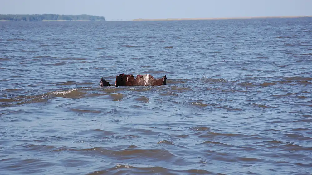 The top of the Harvest Moon's smokestack is still visible in Winyah Bay at low tide.