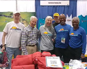 Charleston Running Club Bridge Run volunteers. Pictured left from right: Gary Ricker, Pat Welch, Nancy Curry, Jack Cleland (in back), Tony Shuler and Kathy Brown. Photo provided by Tony Shuler.