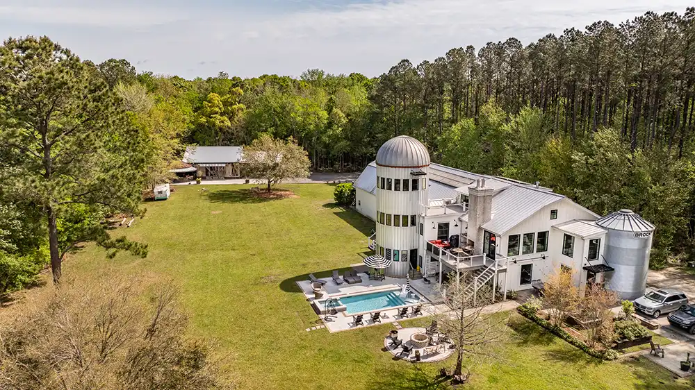 Aerial view of Back Barn at Bedaw Farms in Awendaw, SC.