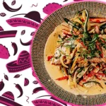 A Mexican dish from Catrina’s Tacos & Tequila with a decorative background design.
