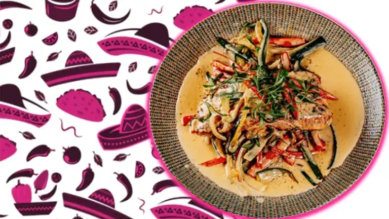 A Mexican dish from Catrina’s Tacos & Tequila with a decorative background design.