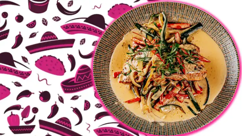 A Mexican dish from Catrina’s Tacos & Tequila with a decorative background design.