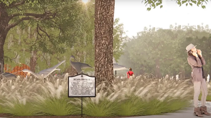Scanlonville west entrance: Scanlonville Praise House Park rendering