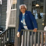 Miss Ruby Forsythe outside her flat above the one-room schoolhouse where she taught.