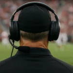 A football coach watches on during a game evaluating his players.