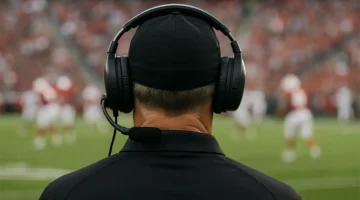 A football coach watches on during a game evaluating his players.