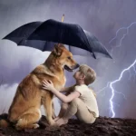 A little boy and his dog under an umbrella during a lightning storm before an oncoming hurricane.