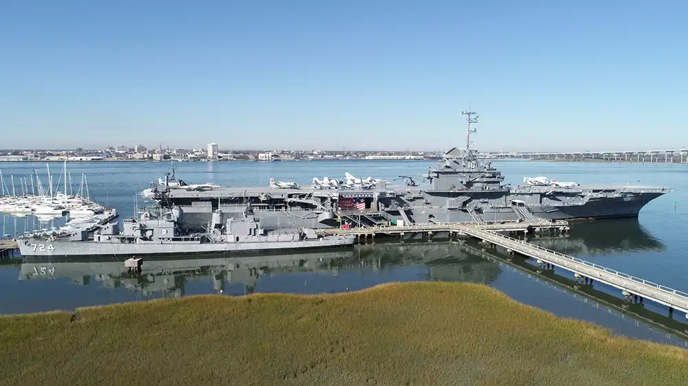 Seen at the Patriots Point Naval & Maritime Museum: The USS Yorktown (CV-10) aircraft carrier and the USS Laffey (DD-724) Sumner class destroyer