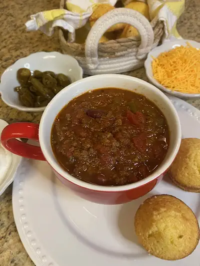Photo of Chili ready for serving. Shari Sebuck's Chili: Media consultant Shari Sebuck shared her favorite from Cooking Light magazine.
