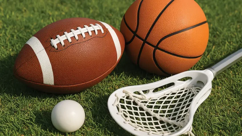 Sports equipment: A football, basketball, lacrosse ball and lacrosse stick (crosse)