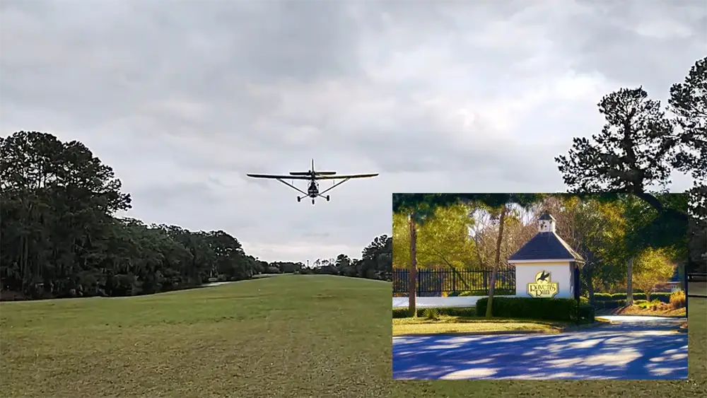 A paramotor takes off from the Raven’s Run private air strip. Inset: Photo of Raven's Run neighborhood entrance.
