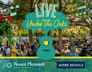 Ad: Live Under the Oaks Concert Series at Mount Pleasant Towne Centre. Free live music every Thursday in May at 6pm emceed by Johnny O’ of 95SX, featuring local bands, food trucks, and drinks.