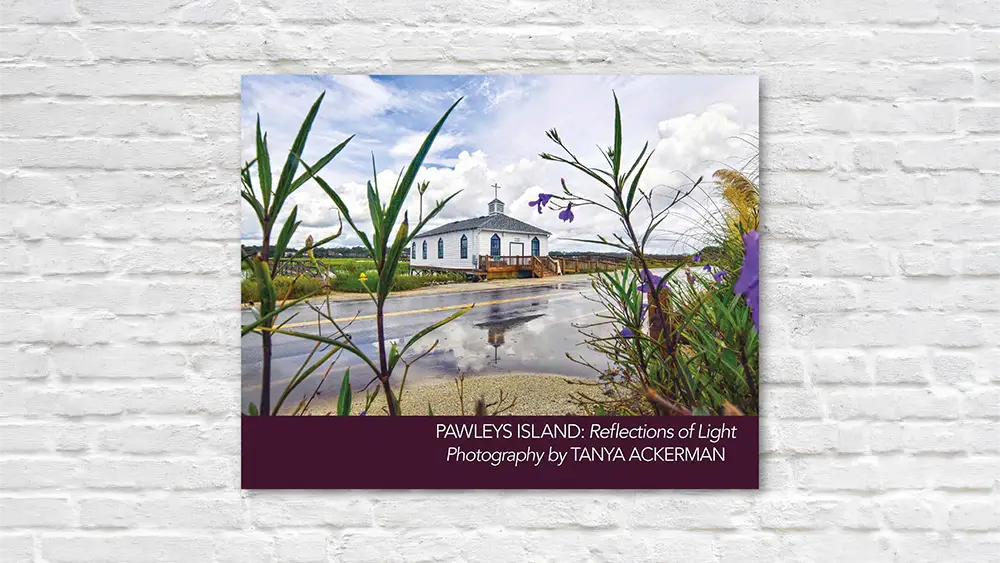Tanya Ackerman's new book "Pawleys Island: Reflections of Light" on a white brick background.
