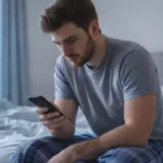 A man wakes up for work, unrested, already checking his phone for texts and emails.
